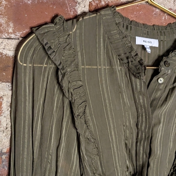 Reiss Size 6 Olive Green Sheer‎ Long Sleeve Ruffled Blouse w/ Belt - Picture 2 of 12